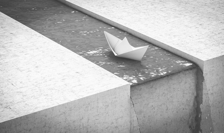 paper boat sailing to a waterfall. concept of unexpected problems. 3d render.